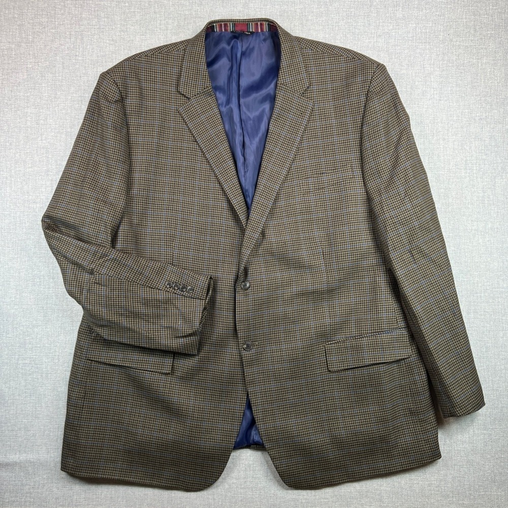 Haines & Bonner Pure New Wool Houndstooth Blazer Men 46L Brown Blue Check Office